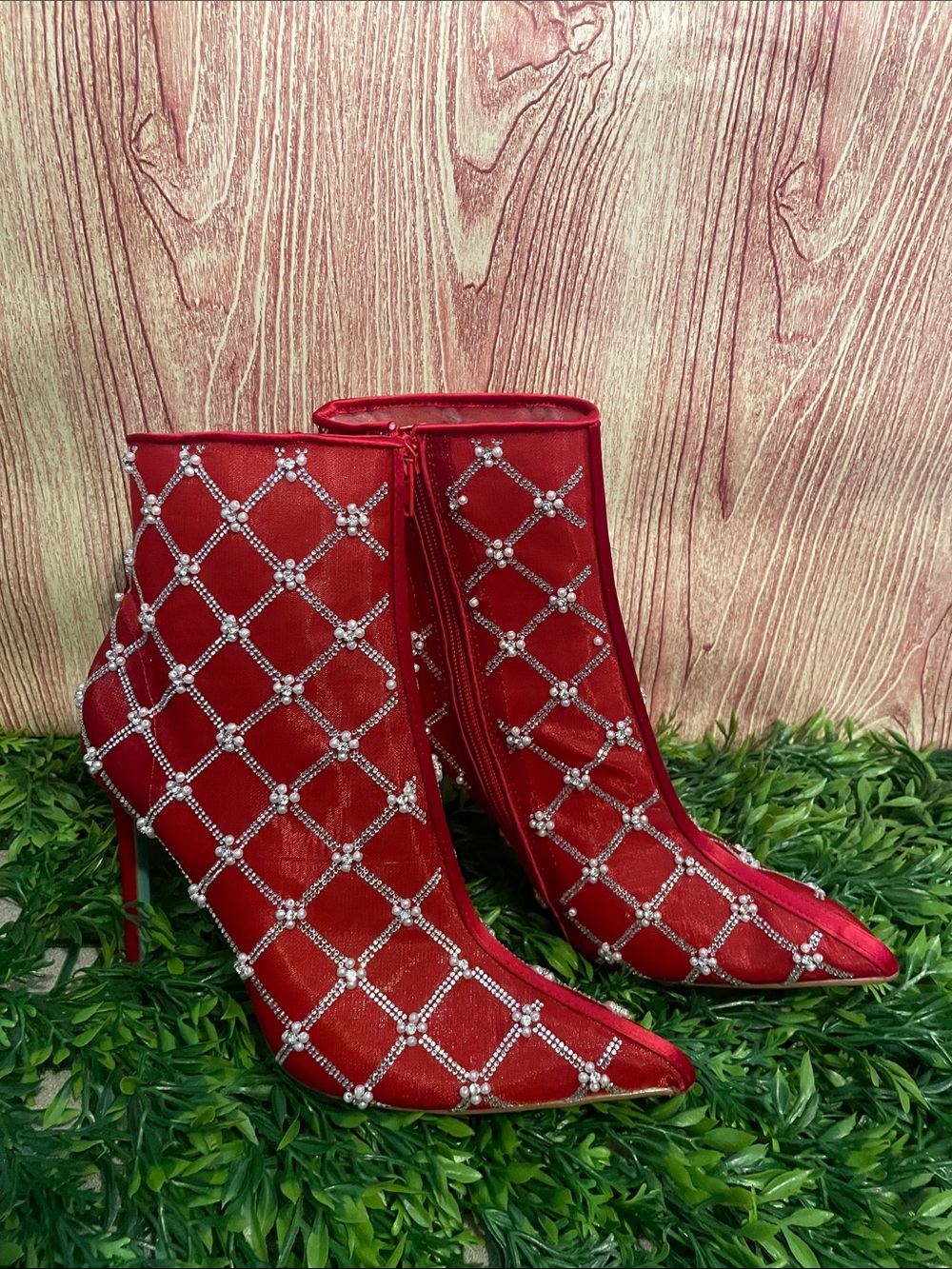 Betsey Johnson Women’s Stilettos Red Embellished Mesh Ankle Boots Bootie